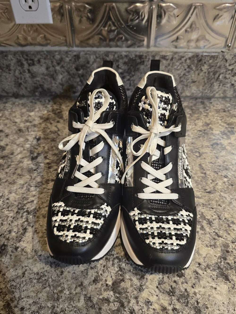 Michael Kors Georgie Black/White/Silver/Plaid Trainer Wedge Sneakers Size 9